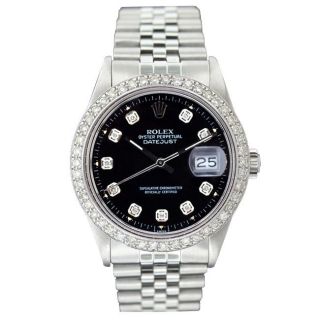 Pre owned Rolex Mens Datejust White Gold Black Diamond Dial Watch
