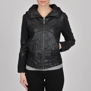 Montanaco Womens Black Faux Leather Jersey Knit Combo Jacket