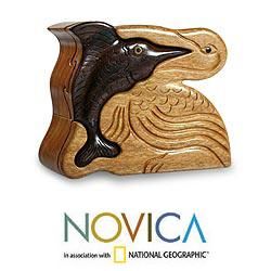 Mahogany and Ebony Wood Pelican and Sailfish Puzzle Box (Guatemala