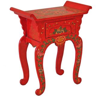 Red Tibetan Painted Peonies Console/ End Table