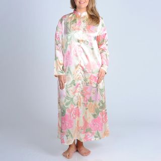 La Cera Womens Plus Size Pink Floral Print Zip front Robe