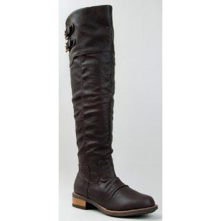 Qupid RELAX 01X Basic Casual Knee High Buckle Stacked Heel Riding Boot