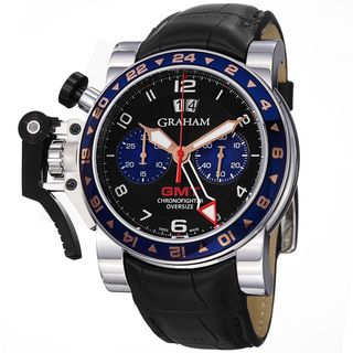 Graham Mens Chronofighter Black Dial Black Leather Strap GMT Watch