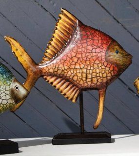 Metal Red and Yellow Fish Sculpture on Stand Home
