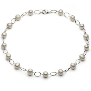 DaVonna Silver White 7 7.5mm FW Pearl Link Necklace (16 in) with Gift