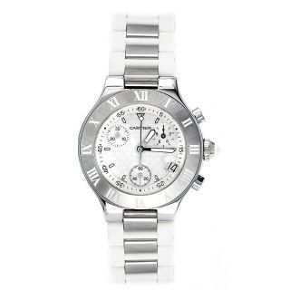 Cartier Mens Must 21 Stainless Steel White Rubber Chronograph Watch