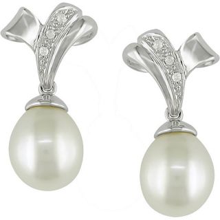 Miadora Sterling Silver FW Pearl and Diamond Earrings (9 10 mm)