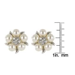 Roman Faux Cream Pearl Crystal Silvertone Flower Button Earrings