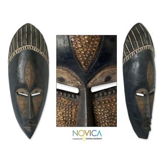 Handcrafted Sese Wood Brass Densu Priest African Tribal Mask (Ghana