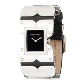 BCBGMAXAZRIA Womens BG6200 Chroma Silver Tone Black Leather Watch