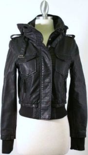 Black Faux Leather Bomber Jacket with Removable Knit Hood
