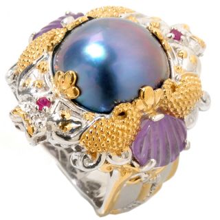Michael Valitutti Two tone Peacock Mabe Pearl, Amethyst and Ruby Ring