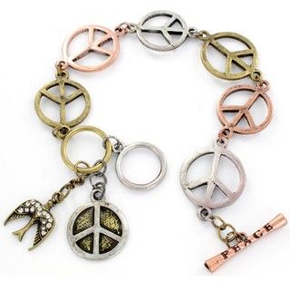 Tri color Peace and Crystal Dove Charm Bracelet
