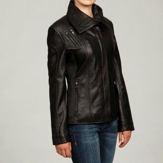 Izod Womens Plus Size Black New Zealand Lambskin Leather Scuba Jacket