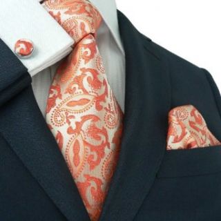 Landisun 189 Bright Orange Paisleys Mens Silk Tie Set Tie