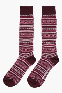 White Mountaineering Burgundy Mid Rise Patterned Knit Socks for men