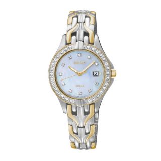 SEIKO Womens Solar Mother Of Pearl Dial Gold Accent Diamond Watch
