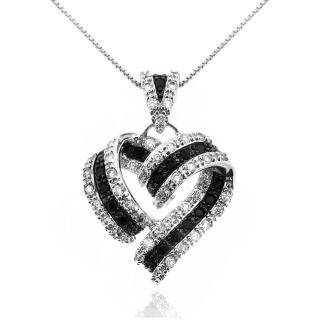 Moise Silver Black and White Cubic Zirconia Ribbon Heart Necklace