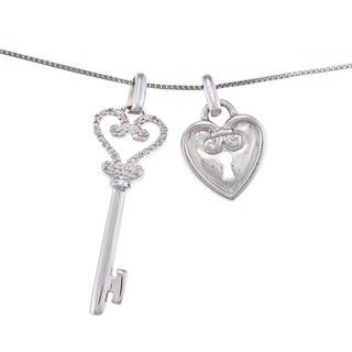 Sterling Silver Diamond Accent Heart Key Charm Necklace