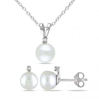 Miadora Sterling Silver Pearl and Diamond 2 piece Jewelry Set (7 8 mm