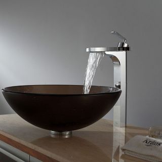 Kraus Frosted Brown Glass Vessel Sink and Fantasia Faucet Chrome