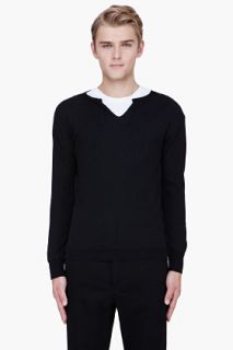 Sasquatchfabrix Black Wool Alpaca Knit V neck Sweater for men