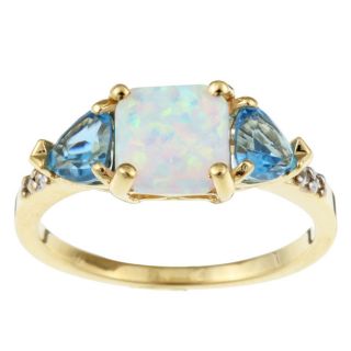 10k Yellow Gold Created Opal and Blue Topaz Ring