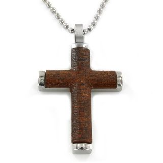 West Coast Jewelry Stainlees Steel with Wood Inlay Cross Pendant