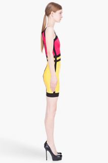 Herve Leger Fuchsia & Yellow Colorblock Bandage Dress for women