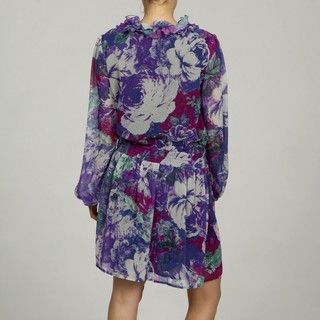 Argenti Womens Abstract Floral Chiffon Blouson Ruffled Tunic Dress