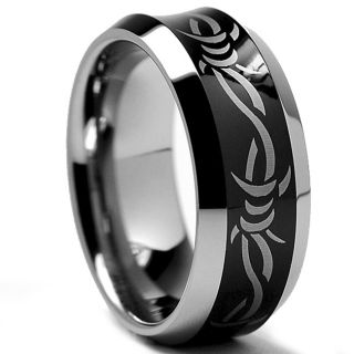 Mens Tungsten Carbide Black plated Laser etched Barbed Wire Design