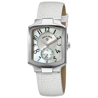 Philip Stein Womens Classic Tank Glitter White Leather Strap Watch