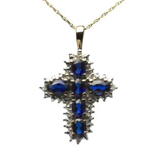 10k Yellow Gold Created Sapphire and Diamond Cross Necklace