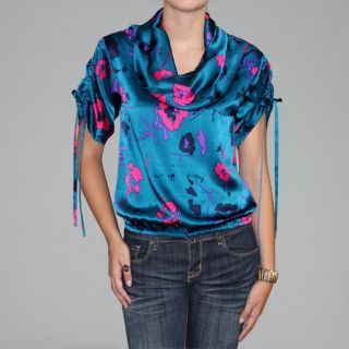 Bilingual Clothing Womens Silk Cowlneck Drawstring Sleeve Top