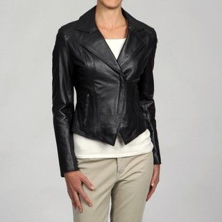 Tahari Womens Black Leather Cropped Asymmetrical Zip Blazer