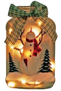 Lighted Christmas Holiday Jar Hand Painted Snowman Frosted