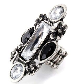 West Coast Jewelry Silvertone Crystal and Jet Stretch Ring