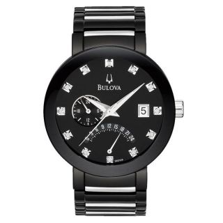 Bulova Mens Black IP Plated Stainless Steel Dual Time Diamond Watch