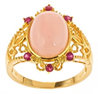 Yach Gold over Silver Pink Opal and Ruby Ring