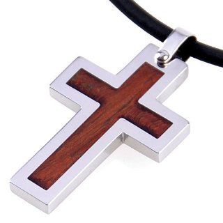 DonDon Kautschuk Halskette und Edelstahl Kreuz Anhänger mit Echtholz