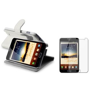 White Leather Case Stand/ LCD Protector for Samsung Galaxy Note N7000