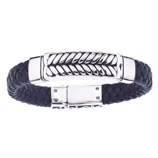 Stainless Steel and Black Leather Mens Braided Bracelet